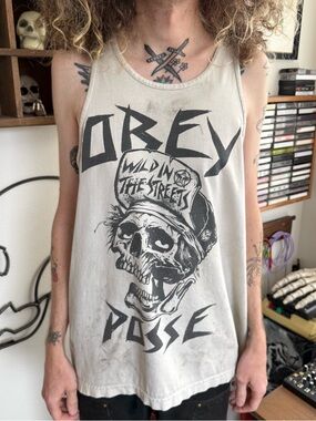 Obey Posse Distressed Skater Punk Skull Cotton Tank Top ~ Size Large